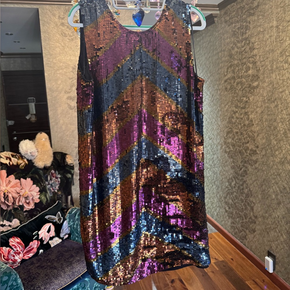 Twin-Set Sequin Chevron Mini Dress - Black, Purple, Gold